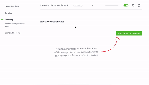 Gif of adding emails or domains to blocked correspondence