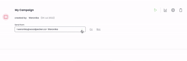 Gif of choosing the sending address and resuming campaign with "run" button