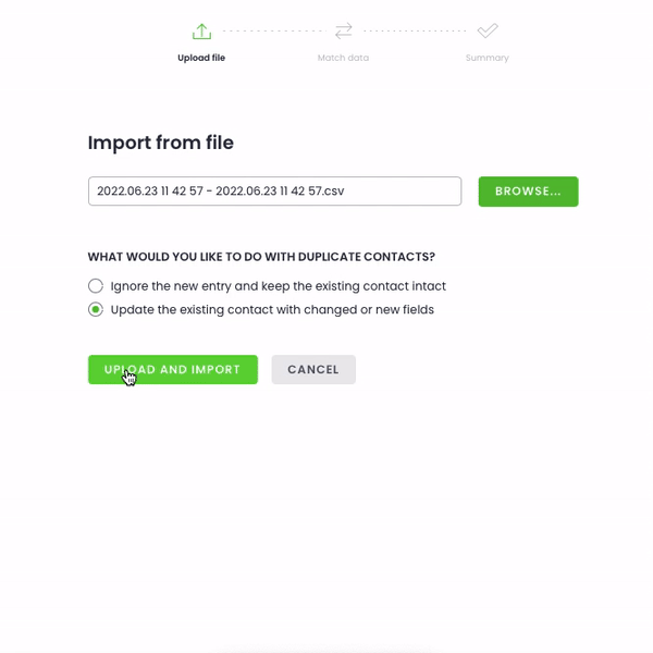 Gif of matching the fields between your data and Woodpecker
