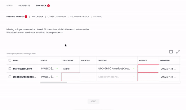 Bulk changing the status for prospects in missing snippet category