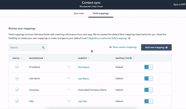 Field mappings page in Hubspot