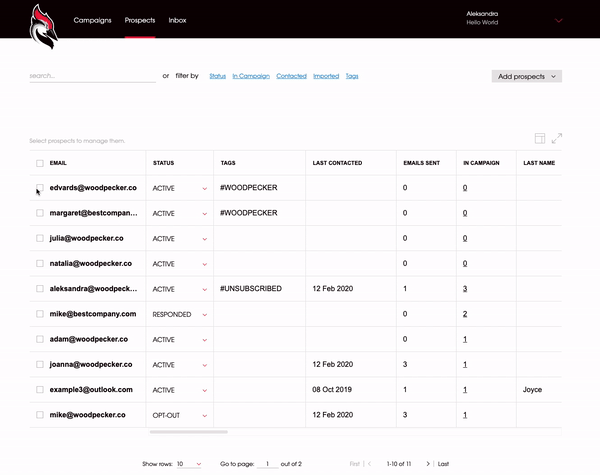 Gif showing bulk action in a main prospect base