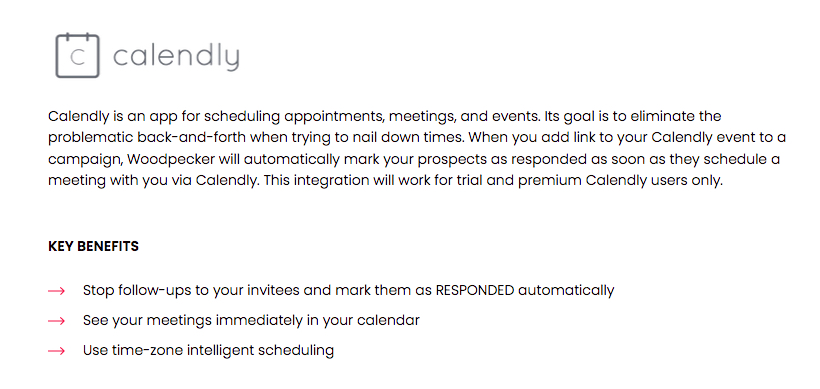 description of how Calendly integration works with Woodpecker