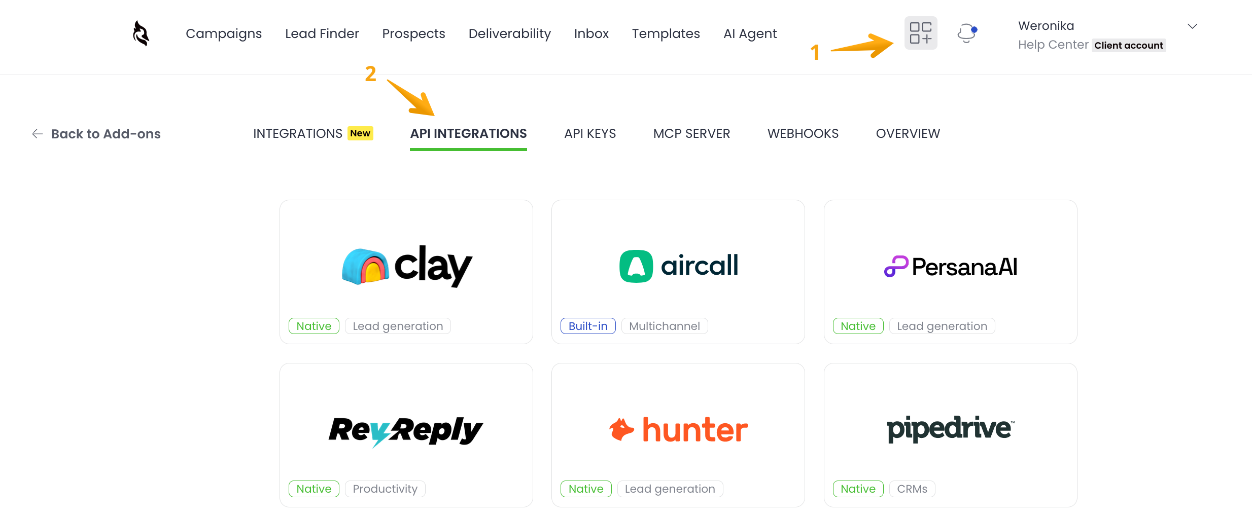Image with arrows poiting to Integrations tab where Calendly integration is available