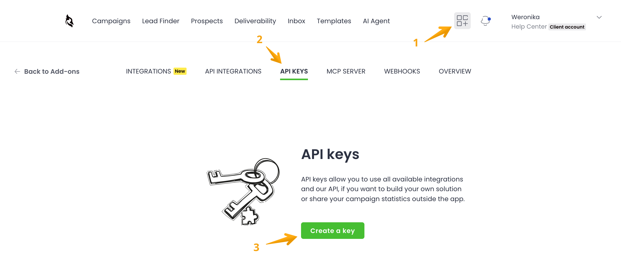 Image with arrows pointing step-by-step how to generate API Key in Woodpecker