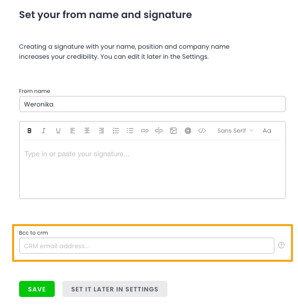 Option to write the CRM email address in "BCC TO CRM" highlighted under the signature editor