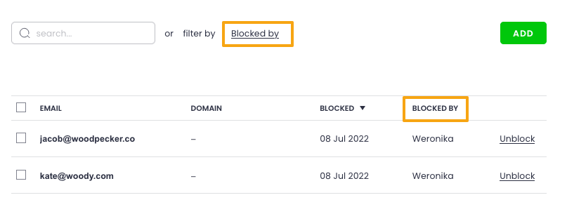 "Blocked by" filter in the Blocked correspondence