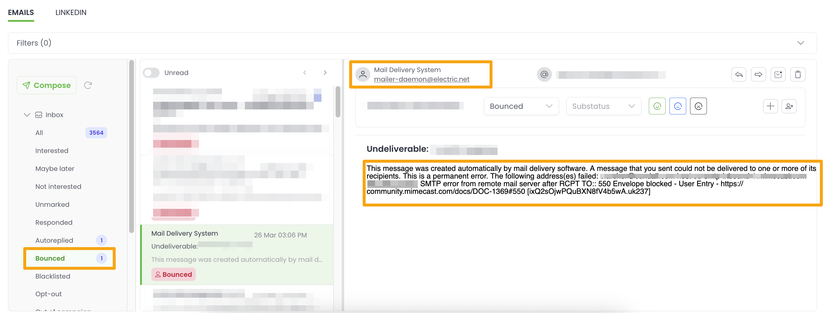 Woodpecker Inbox with "Bounced" folder visible