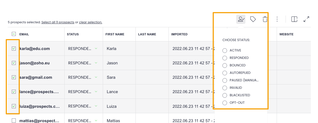 List of statuses available for prospects to change manually