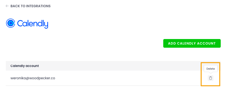 Image with arrow pointing to trash icon which user can use to delete their Calendly account from Woodpecker