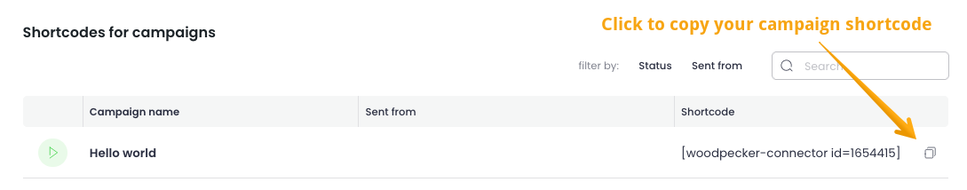 Image with arrow poiting to icon which allows user to copy the shortcode from WordPress