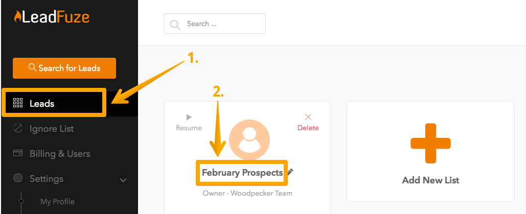 Screen showing where to find Leads in LeadFuze