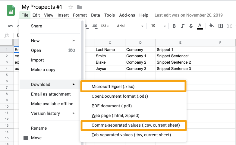 Downloading file in Google sheets with options to choose .xlsx or .csv file