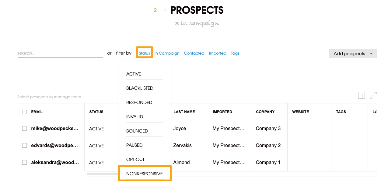 Image showing Nonresponsive status for the prospects in Woodpecker