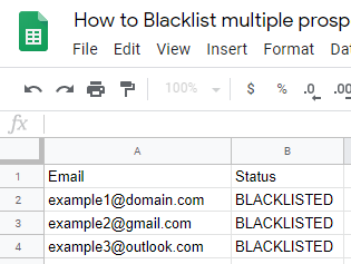Example prospects with Blacklisted status in Google Sheets file