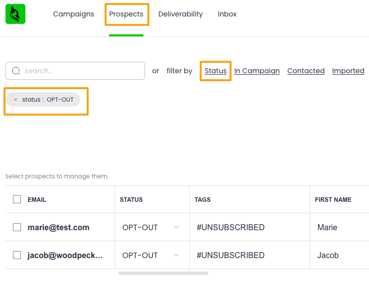 Filtering prospects with the "OPT-OUT" status in the main Prospects database