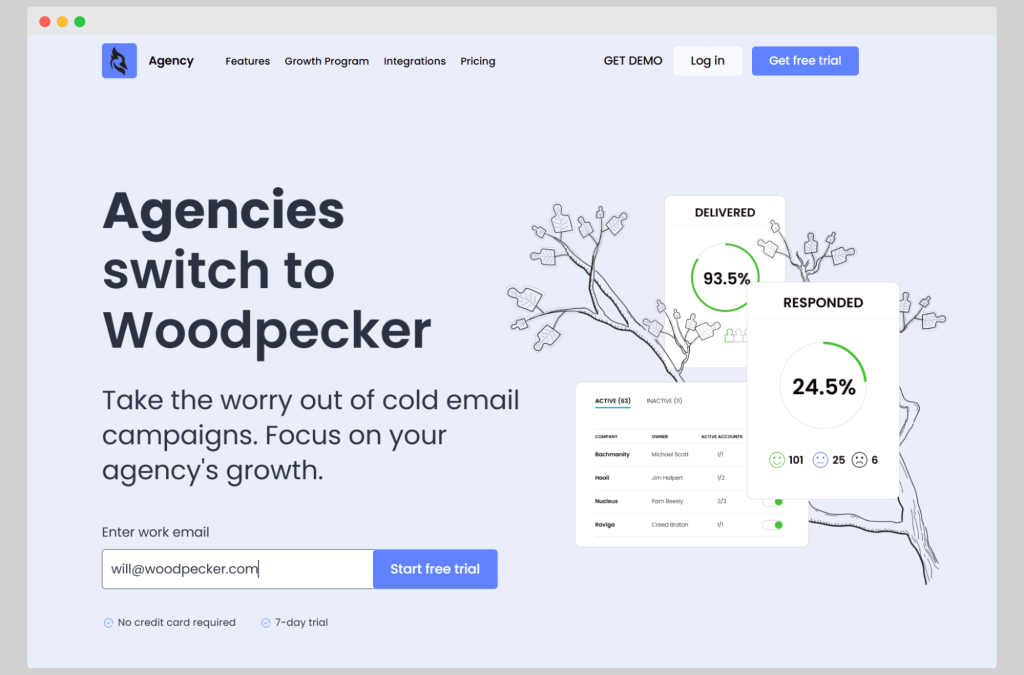 Woodpecker landing page showing cold email results for SaaS lead generation, highlighting SaaS lead generation tools that increase response rates, and SaaS lead generation automation for agencies.