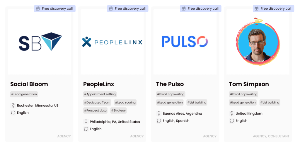 Profiles of SaaS lead generation agencies and consultants including Social Bloom, PeopleLinx, The Pulso, and Tom Simpson, showing SaaS lead generation expertise, and SaaS lead generation email outreach.