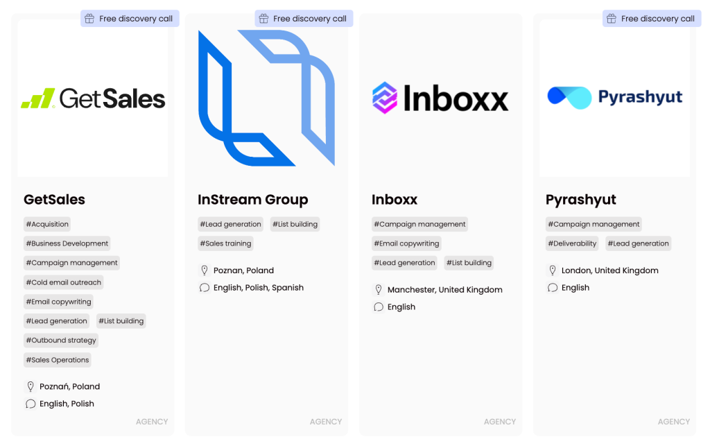 Logos of SaaS lead generation agencies GetSales, InStream Group, Inboxx, and Pyrashyt, each supporting SaaS lead generation with campaign management, and SaaS lead generation list building services.