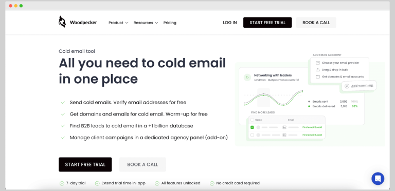 Woodpecker homepage; A cold email tool that can enhance your deliverability and complement your email deliverability audit.