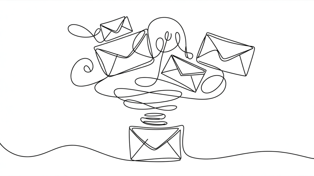 Line drawing of envelopes swirling above an open envelope.