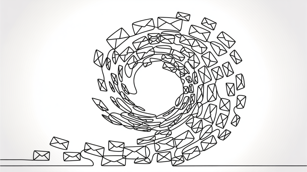 A swirl of hand-drawn envelopes represents the overwhelming volume of outbound messages in sales automation.