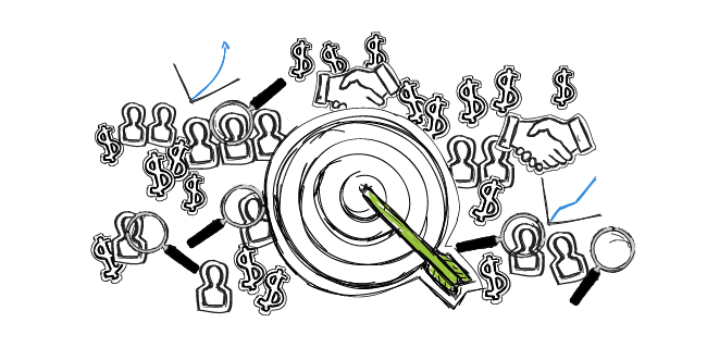 A bullseye target with a dart in the center, surrounded by icons of people, dollar signs, and magnifying glasses—representing lead targeting.