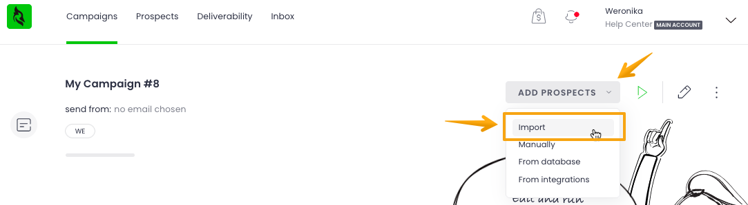 Picture with arrows pointing to Adding prospects by importing them to a running campaign