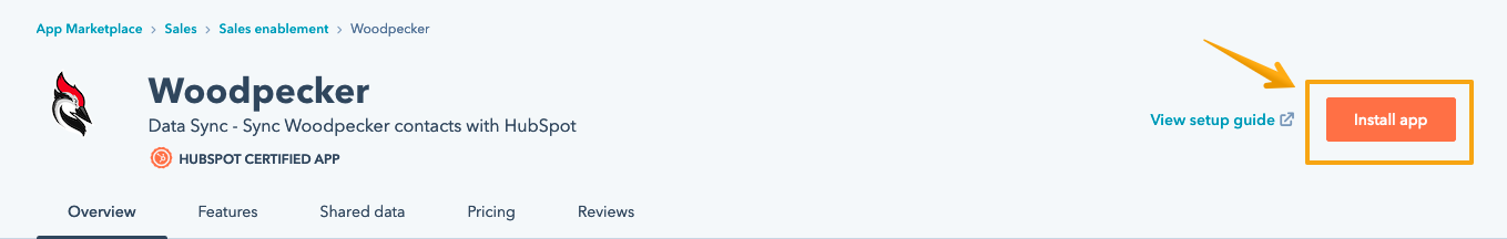 Arrow pointing to the "Install app" button next to Woodpecker App name