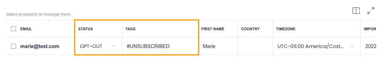 Prospect with the "OPT-OUT" status and "#Unsubscribed" tag
