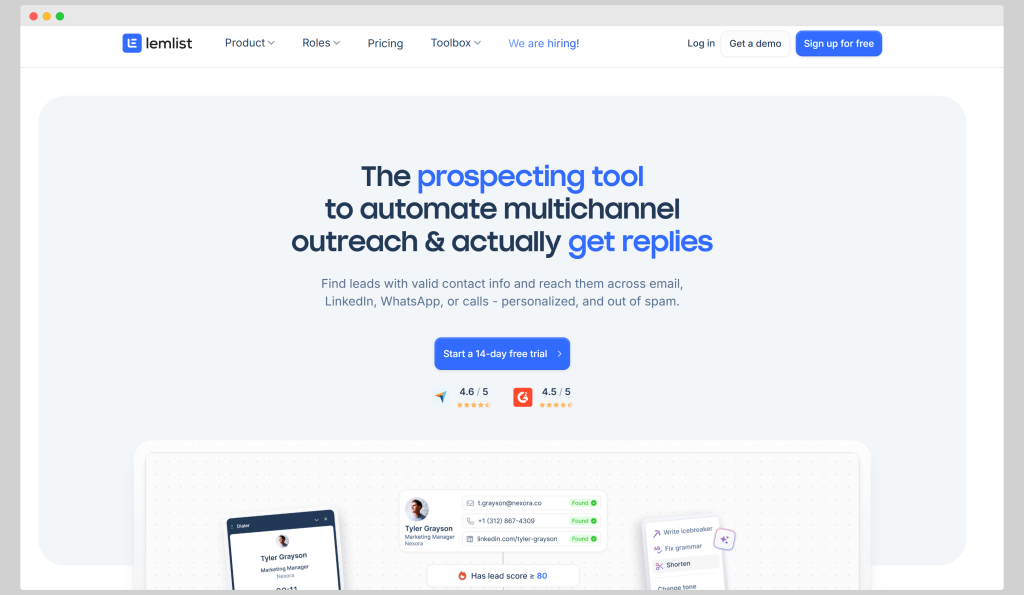 Lemlist homepage with a headline promoting multichannel outreach and email prospecting.