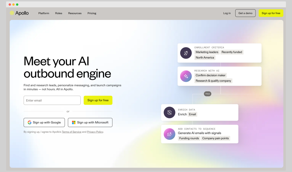 Apollo homepage advertising its AI outbound engine for lead research and campaign automation.