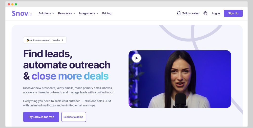 Snov.io homepage featuring a woman on camera with the headline “Find leads, automate outreach & close more deals.”