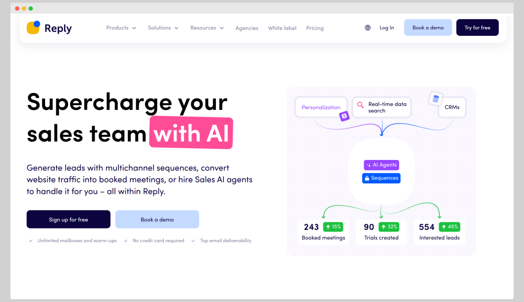 Reply.io homepage promoting AI-powered outreach sequences.