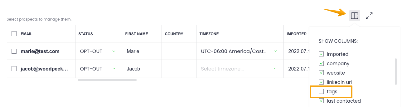 "Show/hide columns" icon in Prospects database