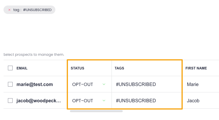 Prospect with the "OPT-OUT" status and "#Unsubscribed" tag filtered by the tag
